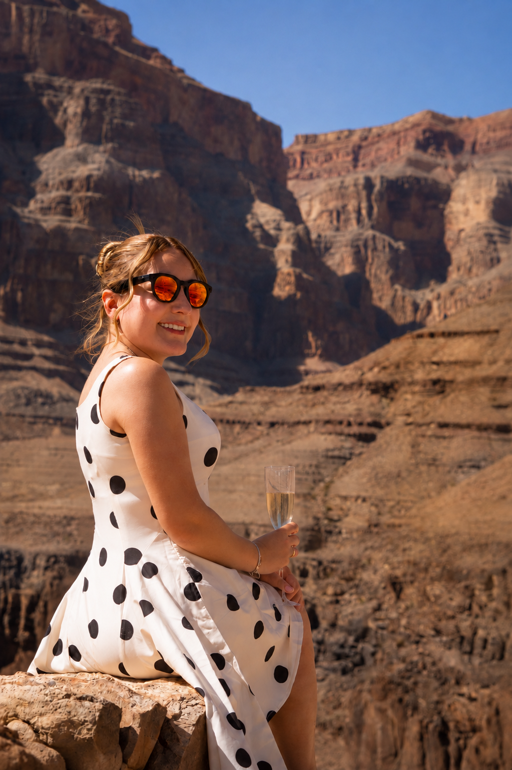 Mujer con vestido de lunares y gafas de sol sentada en una roca del Gran Cañón